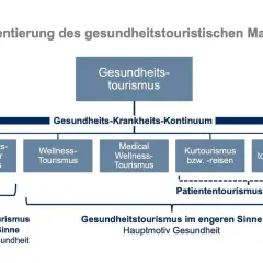 Schema zur Segmentierung des gesundheitstouristischen Marktes, relevant für ein Studium. Zeigt verschiedene Kategorien wie Wellness- und Medizintourismus.
