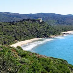 Spiaggia delle bandite di Scarlino, con mare azzurro, pineta lussureggiante e una villa in collina.