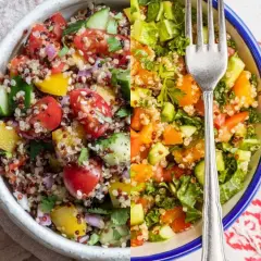 Ensalada de quinoa vibrante con tomates, pepino, pimientos y hierbas frescas. Un tenedor plateado descansa sobre la colorida mezcla.