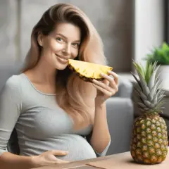 Uśmiechnięta ciężarna kobieta trzyma kawałek ananasa, który właśnie zamierza zjeść. Obok stoi cały ananas.
