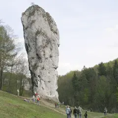 Wielka wapienna skała w parku narodowym, idealne miejsce na spacer z psem. Ludzie podziwiają krajobraz.