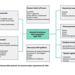Schema sintomi astinenza SSRI: sensoriali, umore, sonno, gastrointestinali, somatici, equilibrio, sessuali, cognitivi. Utile per chi cerca antidepressivi naturali.