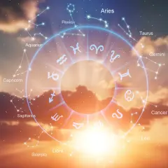 Zodiakalny krąg z konstelacjami na tle zachodzącego słońca. Czy wodnik i bliźnięta pasują do siebie?