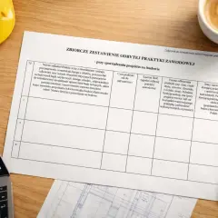 Dokument "Zbiórcze zestawienie odbytej praktyki zawodowej" z polami do wpisania danych dotyczących budowy, niezbędnych do uzyskania uprawnień sanitarnych.
