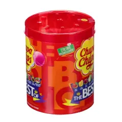 Czerwony pojemnik z napojami Chupa Chups, z logo i grafikami.