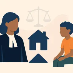 Une avocate discute avec un enfant. Une balance de justice et une maison symbolisent une lettre de demande de placement en foyer.
