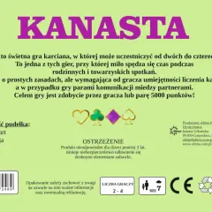 Kanasta – gra karciana dla 2-4 osób. W pudełku 2 talie kart i instrukcja. Idealna na rodzinne spotkania.