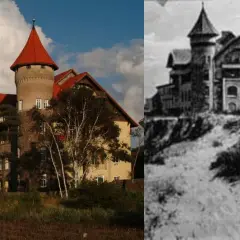 Zamek w Łebie, dawniej willa, dziś hotel. Obok historyczne zdjęcie tej samej budowli.