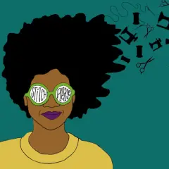 A woman with large glasses that say "Stitch Please" has sewing notions like sewing machines, spools, and scissors floating from her hair. Perfect for sewing podcasts!