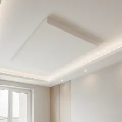 Soffitto moderno con doppia struttura cartongesso, illuminazione a LED integrata e faretti incassati.