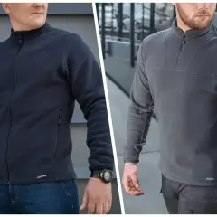 Mężczyźni w polarach. Czy polar to poliester? Tak, te ciepłe bluzy wykonane są z poliestru, idealne na chłodne dni.