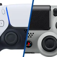 Porównanie kontrolerów DualSense (PS5) i DualShock 4 (PS4) na białym tle.