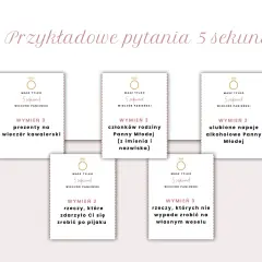 Przykładowe wyzwania na wieczór panieński: wymień 3 prezenty na wieczór kawalerski, członków rodziny Panny Młodej, ulubione napoje alkoholowe Panny Młodej, rzeczy po pijaku i te, których nie wypada zrobić na weselu.