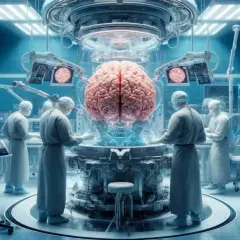 Naukowcy w sterylnym laboratorium przygotowują się do skomplikowanego przeszczepu mózgu, otaczając go zaawansowaną technologią.