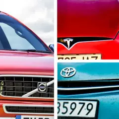 Volvo, Tesla och Toyota – tre av de mest pålitliga bilarna. Bilden visar närbilder på fronten av dessa bilar.