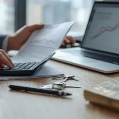 Ręce liczą na kalkulatorze, obok klucze, pieniądze i model domu. Kiedy wiron analizuje dane na laptopie, planując inwestycję.