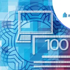 Grafika przedstawia symboliczny depozyt w banku, gdzie komputer i banknot 100 symbolizują bezpieczeństwo finansowe.