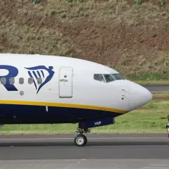 Un avion Ryanair sur le tarmac, prêt pour sa prochaine **reclamation**. Un agent au sol veille.