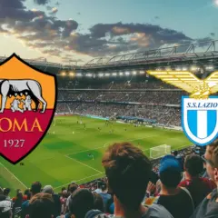 Stadion pełen kibiców, na murawie grają dwa kluby piłkarskie z Rzymu: AS Roma i SS Lazio.