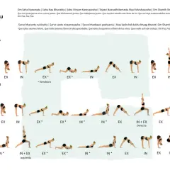Secuencia yoga: Surya Namaskar A y B, con ilustraciones de posturas y sus nombres en sánscrito.
