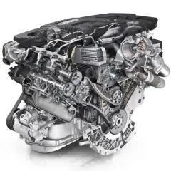 Przekrój silnika Audi 3.0 TDI V6 z widocznym układem rozrządu, turbosprężarką i szczegółami kolejności cylindrów.