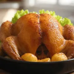 Une pintade au four dorée, accompagnée de pommes de terre rôties et de feuilles de laitue, prête à être dégustée.