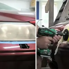 Split image showing a car headlight before and during polishing with a drill and buffing pad.