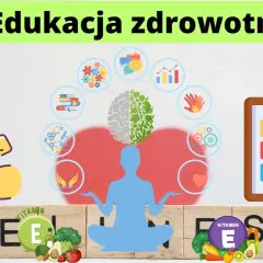 Ilustracja z ikonami zdrowia, mózgu, serca, ćwiczeń i zdrowej żywności.