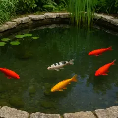 Cinq poissons de bassin, dont trois rouges vifs, un blanc et noir, et un doré, nagent dans un étang verdoyant bordé de pierres.