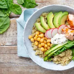 Gesundes Bowl-Rezept: Quinoa, Lachs, Avocado, Kichererbsen, Spargel & Spinat. Perfekt zum Bowl selber machen!