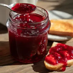En sked med röd jordgubbssylt droppar ner i ett glasburk. En bit rostat bröd med sylt ligger bredvid. Perfekt för ett enkelt jordgubbssylt recept.