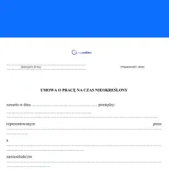 Formularz umowy o pracę na czas nieokreślony. Dokument zawiera pola na dane pracodawcy i pracownika, datę zawarcia umowy oraz inne istotne informacje dotyczące różnych rodzaje umów o pracę.