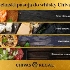 Tatar z łososia, deska serów, mini quiche z grzybami i carpaccio – oto propozycje, co jeść do whisky Chivas Regal.