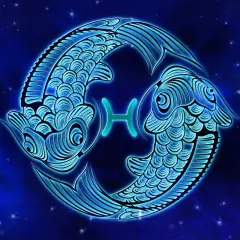 Dwa niebieskie, stylizowane ryby tworzą symbol Ryb, znaku zodiaku dla osób urodzonych 21 lutego.