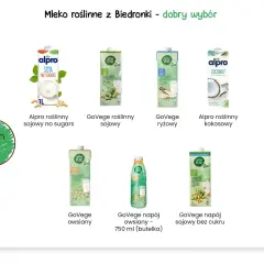 Uśmiechnięta zielona buźka i kartony z mlekiem roślinnym: sojowym, ryżowym, kokosowym i owsianym.