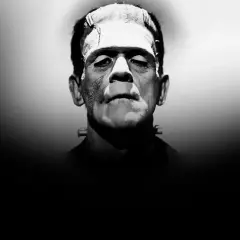 Frankensteins monster film: Boris Karloffs ikoniska ansikte, med ärr och skruvar, blickar sorgset framåt.