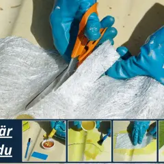 Här visas hur du kan laga glasfiber. En person klipper glasfiberväv med en orange sax.