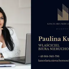 Portret kobiety w białej marynarce, obok logo i danych kontaktowych biura nieruchomości.