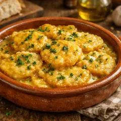 Patatas a la importancia, un plato reconfortante en cazuela de barro, adornado con perejil fresco.
