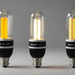 Trzy żarówki LED w szklanych obudowach, każda z innym odcieniem światła. Czy to oznacza, że cob to technologia?
