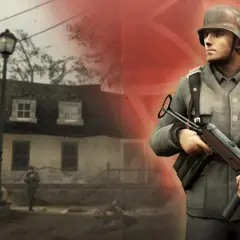 Żołnierz z karabinem w tle zniszczonego miasta, zapowiedź gry o 2 wojnie światowej.