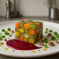 Un cube de légumes colorés, comme une entrée froide artistique, est servi avec une sauce rouge vif et des garnitures vertes.