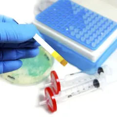 Rękawiczka trzyma pasek testowy, który może pomóc w diagnozowaniu kwasicy mleczanowej. W tle widać sprzęt laboratoryjny.