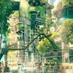 Zielona, bujna metropolia z elementami natury i technologii, odzwierciedlająca cechy charakterystyczne nurtu solarpunk w literaturze jutra.
