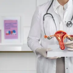 Lekarz w białym kitlu prezentuje model narządów rodnych, pokazując szczegóły budowy macicy i jej endometrium.