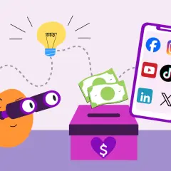 An apple with binoculars looks at a lightbulb, symbolizing ideas for social media fundraisers. Money flows into a donation box from a phone displaying social media icons.