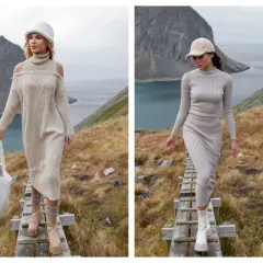 Dwie kobiety w beżowych sukienkach sweterkowych plus size, spacerujące po drewnianej kładce w górzystym krajobrazie.