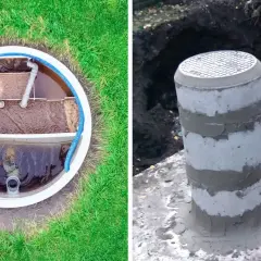 Widok wnętrza szamba i betonowego komina. Wybór między szambem a oczyszczalnią to ważna decyzja.