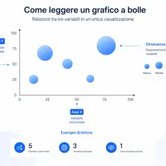 Un grafico a bolle mostra relazioni tra tre variabili. Le bolle rappresentano elementi, la loro posizione sull'asse X e Y indica due variabili, mentre la dimensione della bolla rappresenta la terza variabile.