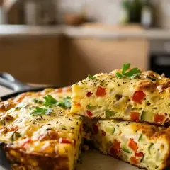 Une délicieuse frittata aux légumes, garnie de persil frais, est servie dans une poêle en fonte.